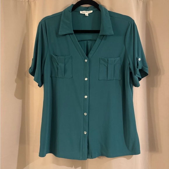 PerSeption Concept Tops - PerSeption Concept Teal Button-Front Short Sleeve Shirt